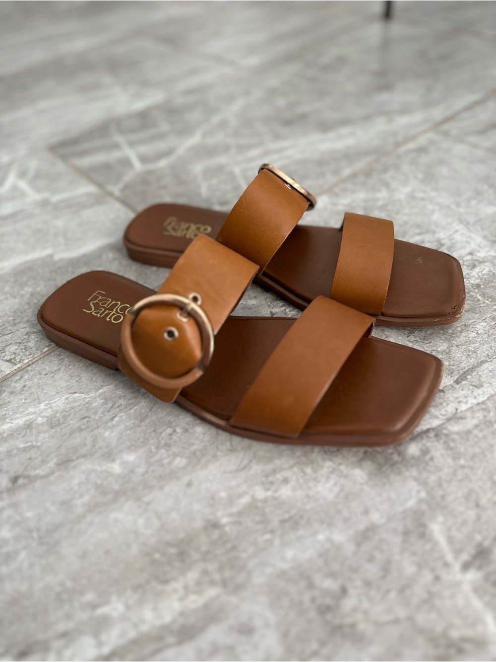 Franco Sarto Cognac Leather Double Strap Buckle Sandals Sz 9.5